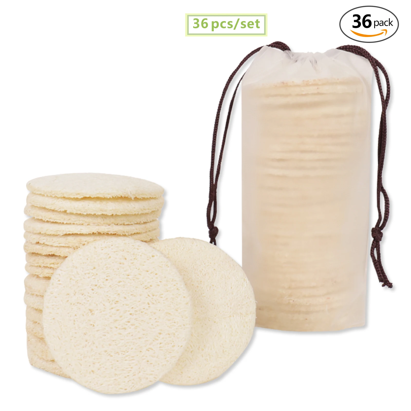 36pcs Natural Loofah Face Sponge Pads, Exfoliating Luffa Scrubber for Facial Cleansing, Eco-Friendly Biodegradable Bath Sponges