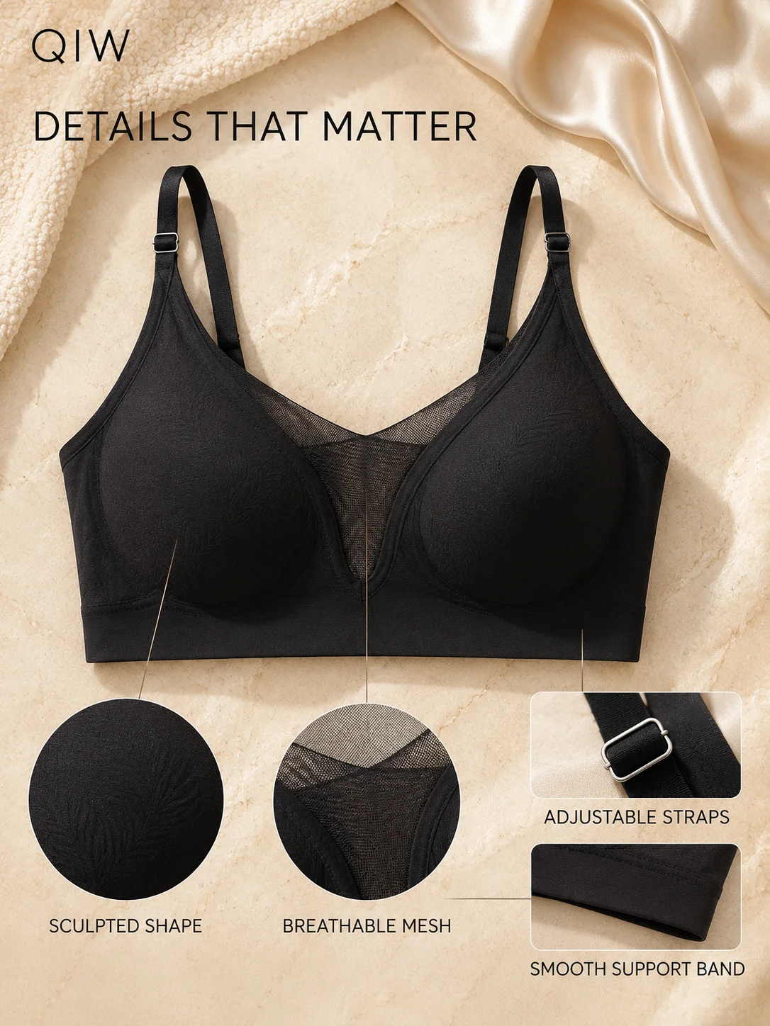 Women's Mesh Splice Bralette, Wirefree Breathable Bra with Removable Pads, Multi-way Adjustable Straps, Daily Dating Party Wear