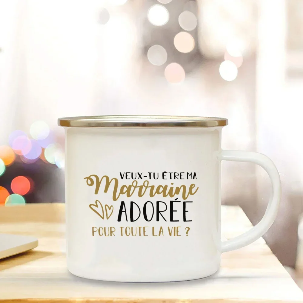 Godmother Request Retro Enamel Mugs Want To Be My Beloved Godmother Coffee Mug Drink Milk Juice Handle Cups Gifts for Marraine