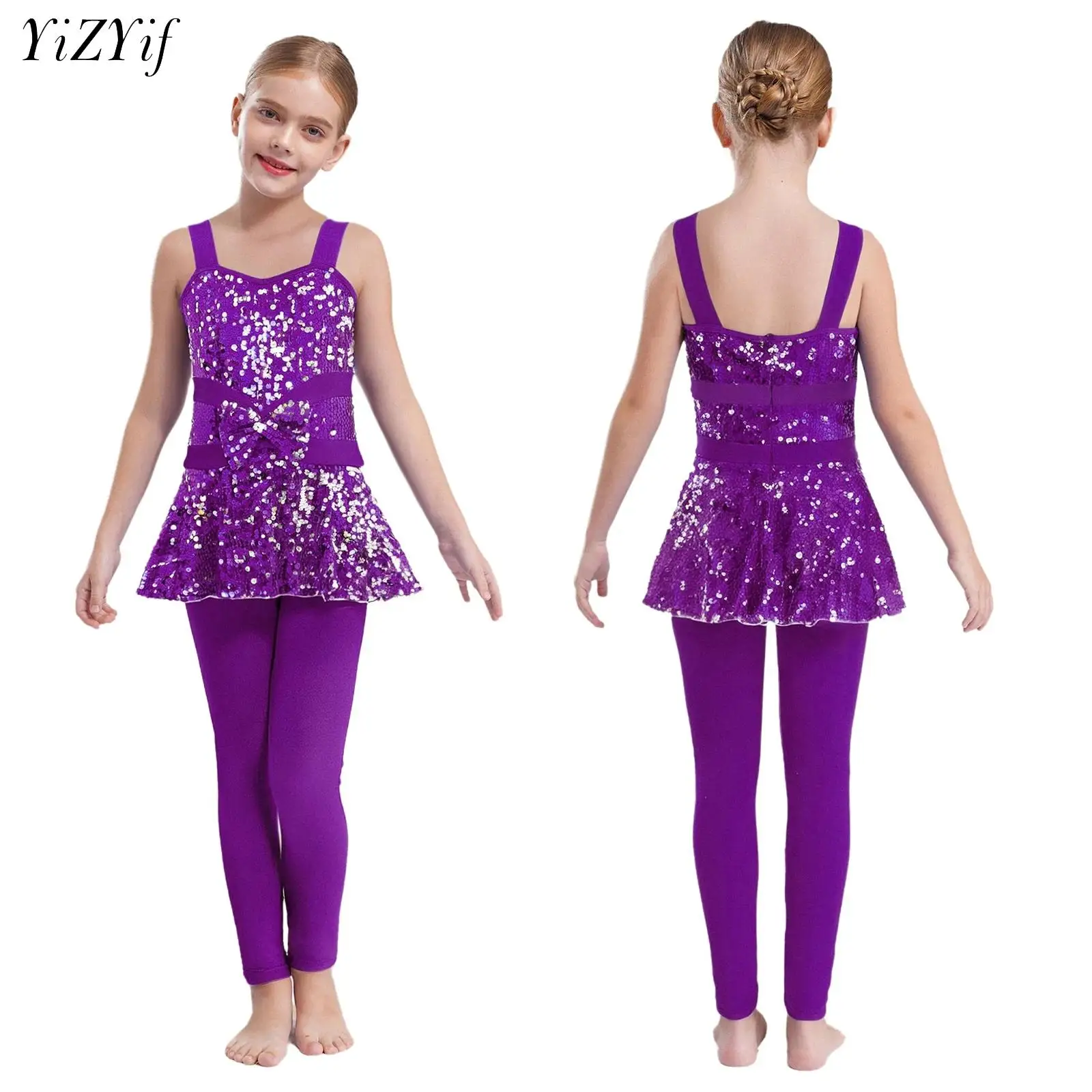 

Kids Girls Jazz Dance Bodysuit Sleeveless Shiny Sequins Peplum Jumpsuit Leotard Ballet Skating Gymnastics Performance Dancewear
