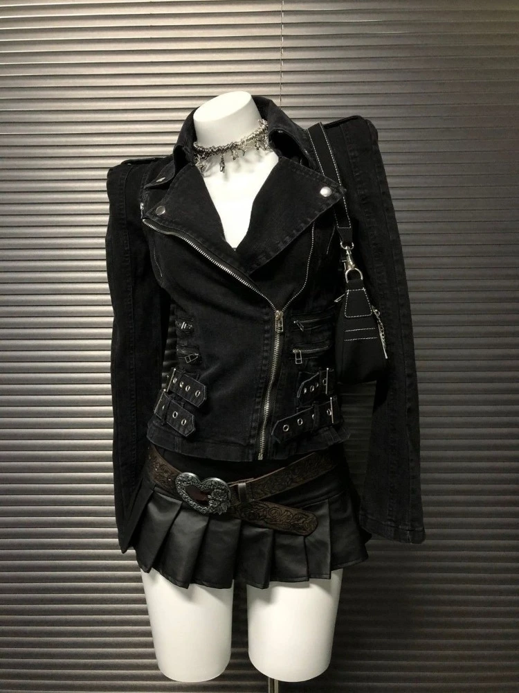 

Эстетическая винтажная черная джинсовая куртка с лацканами, женская уличная одежда в стиле гранж-панк на молнии, короткое тонкое пальто, осенняя женская одежда в стиле ретро 2025