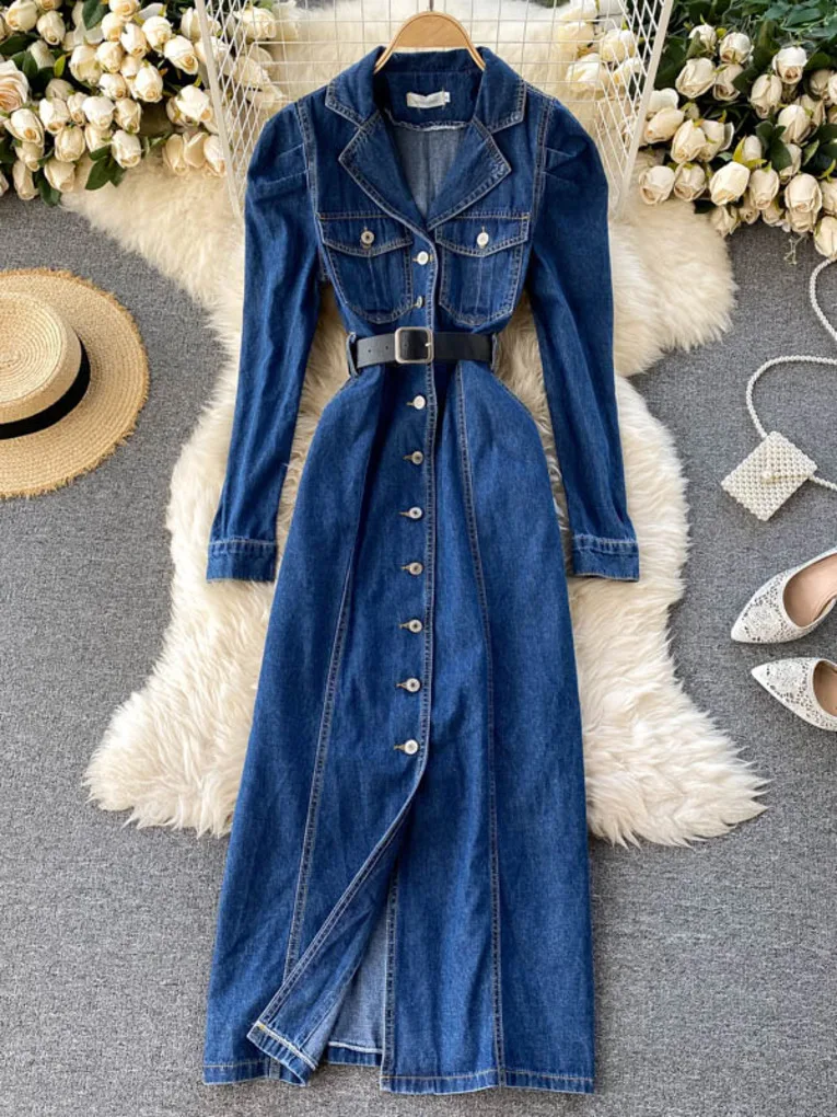 Foamlina Vintage Blue Denim Dress Women Autumn Lapel Collar Full Sleeve Single breasted Korean Work OL Jeans Long Maxi Dress