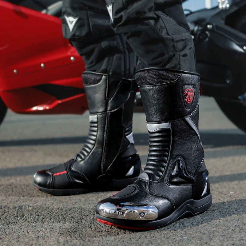 JG Wolf Men's Motorcyclist Boots Leather Breathable Motocross Boots Reflective Motorcycle Shoes Black Racing Shoes Anti-slip