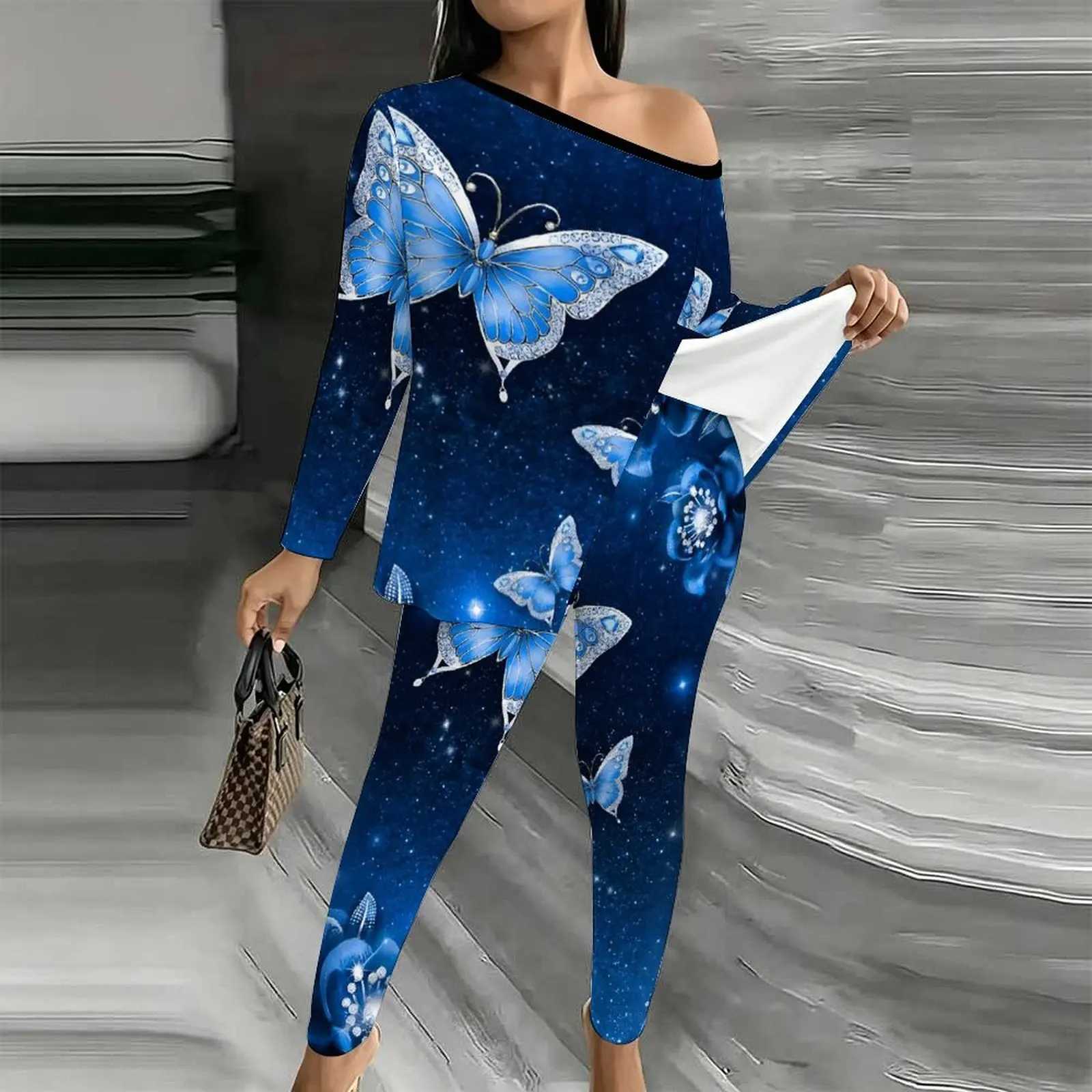 Elegant Two-piece Set Autumn Winter Diagonal Collar Long Sleeved Women's Fashion Printed Jogging Pants Off Shoulder T-shirt