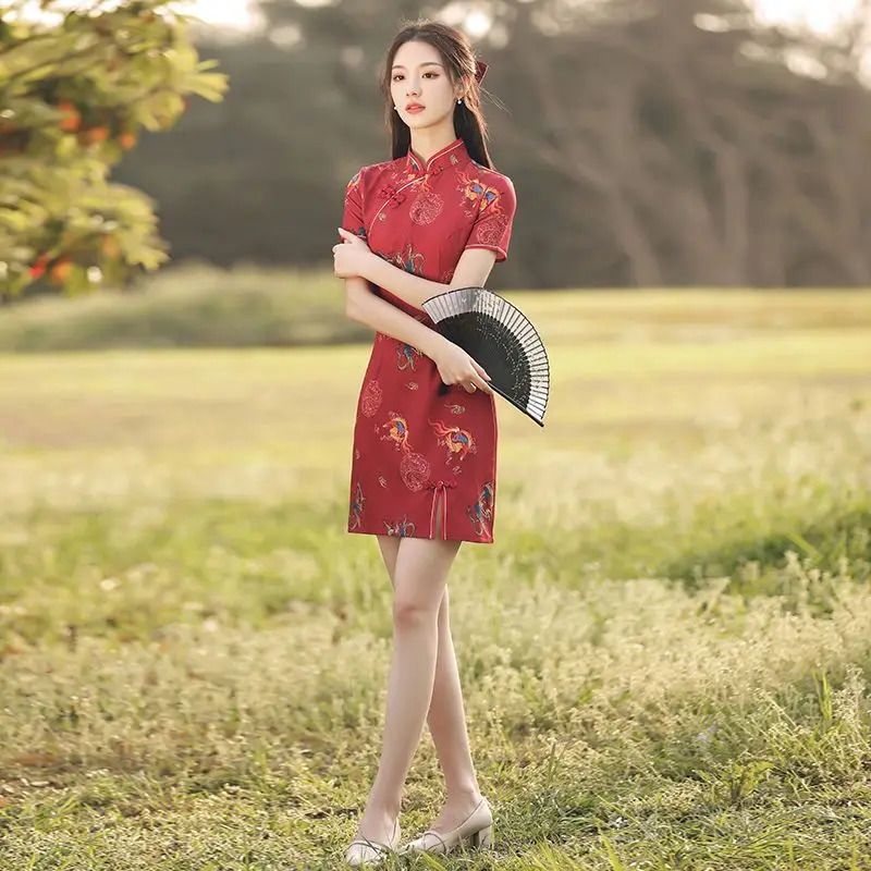 Short Cheongsam for Women, Red Qipao Dress, Chinese Traditional Dress for Girls