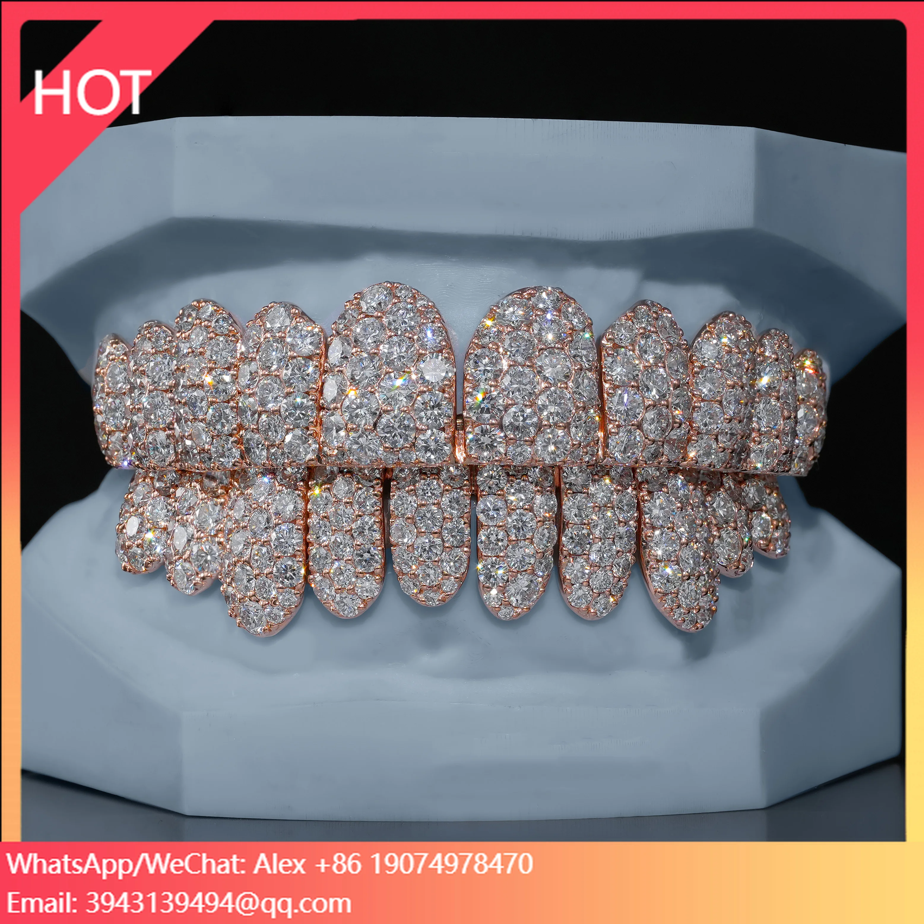 

Custom Hop Grillz For Teeth 925 Silver Rose Gold Plated Bling 8 On 8 Iced Out VVS Moissanite Grillz