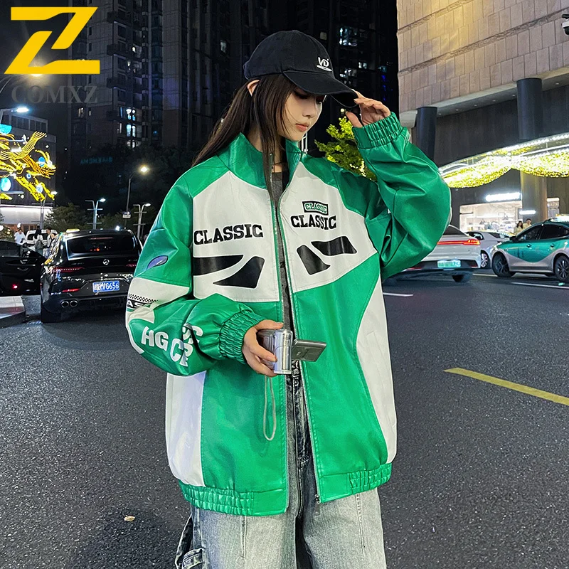 COMXZ 2025 Unisex Leather Jacket Retro Color Block Travel Scratch Resistant Jackets Leisure Stand Collar Windproof Outerwear​