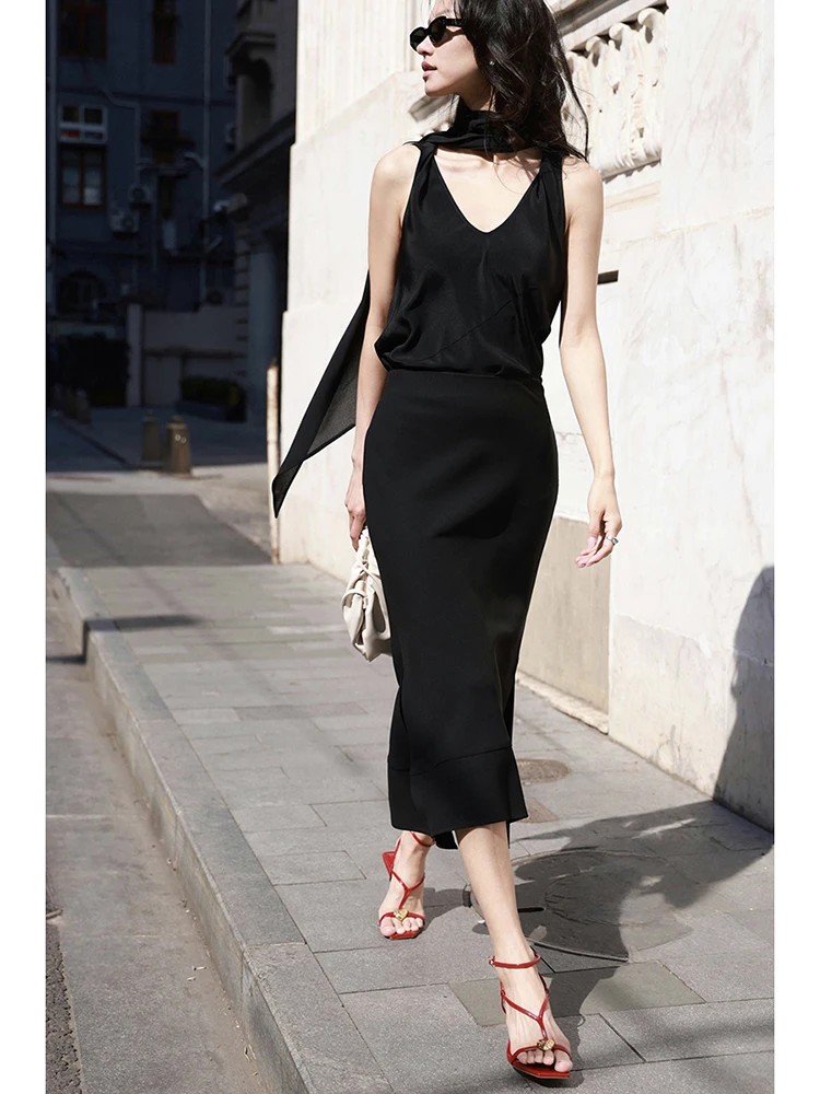 

FANNIU Spring Summer Asymmetric Hem Elastic Waist Draped Acetate Fi Tail Split f Skirt Ci Commute Daily Ocn