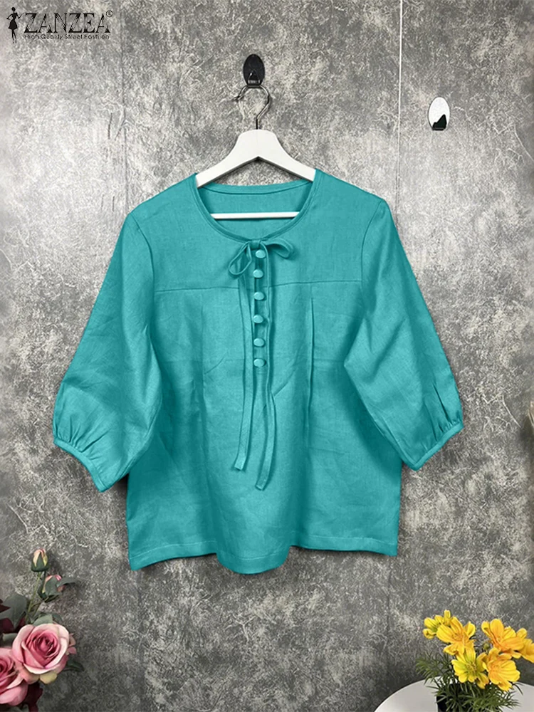 

ZANZEA Elegant Lace-Up Blouses Women 2025 Autumn 3/4 Puff Sleeve Round Neck Blusas Mujer Everyday Solid Color Chemise Femme