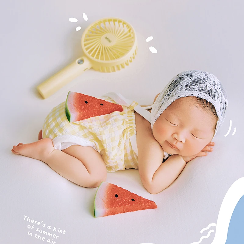 Newborn Photography Props Summer Beach Watermelon Theme Baby Jumpsuit Lace Headband 2pcs/Set Baby Studio Photography Accessories