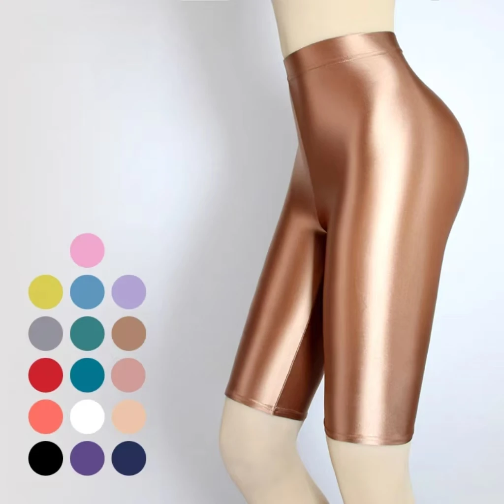 DROZENO Elegant & Glossy High-Waisted Women's Stretchy Yoga Leggings with Shimmer Effect, Mid-Calf Length Perfect for Sportswear