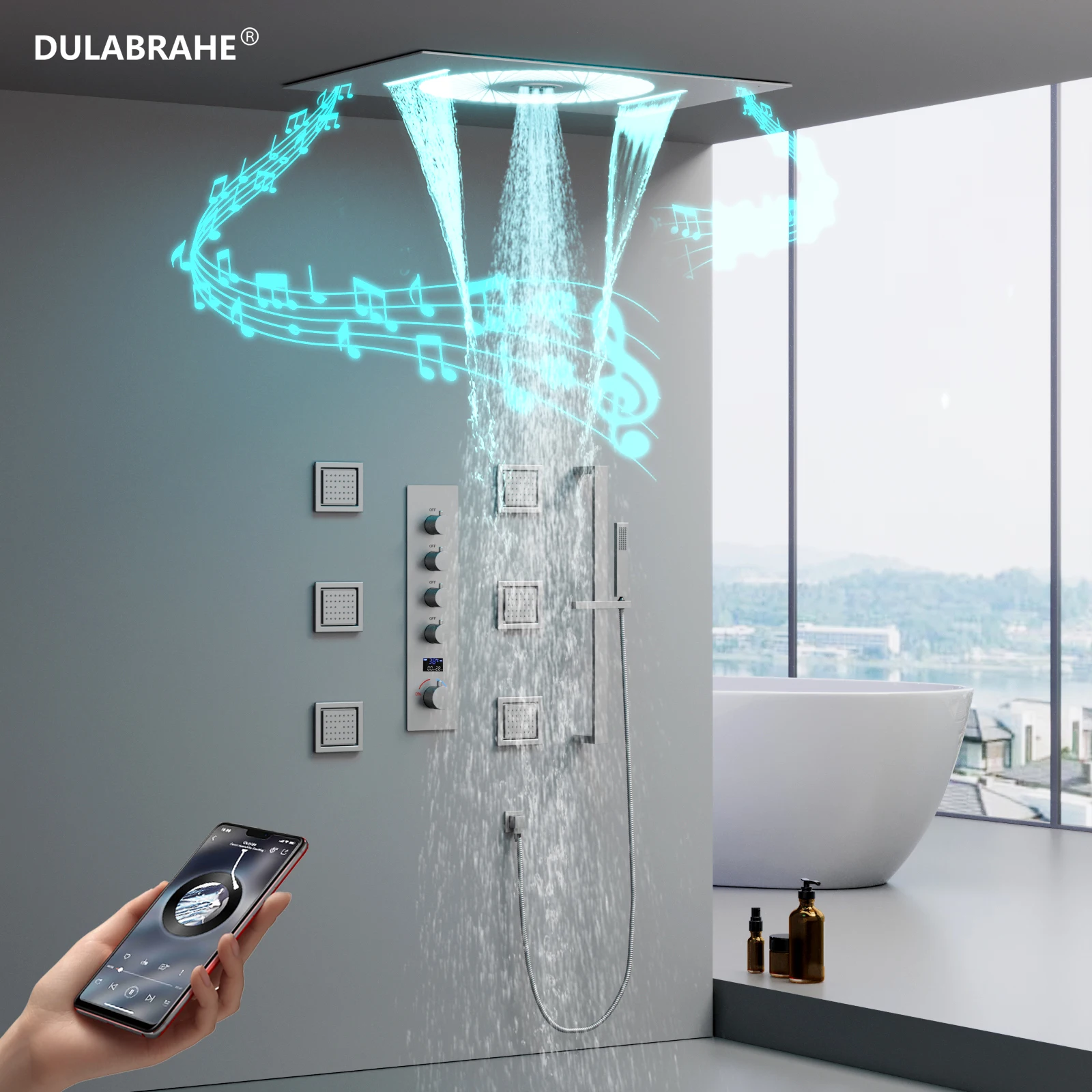 Home Bathroom Vertical Hot & Cold with Digital Display Music LED Shower Head System with Lifting Lever Handheld Faucet Set