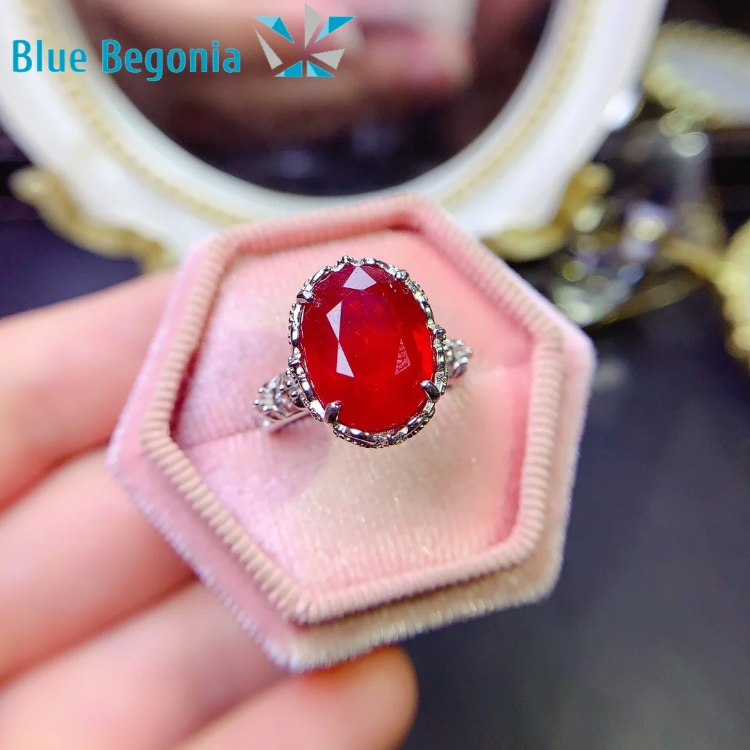 925 Sterling Silver Big Ruby Ring Fine Jewelry for Women Anniversary Gift 10*14MM Genuine Gemstone