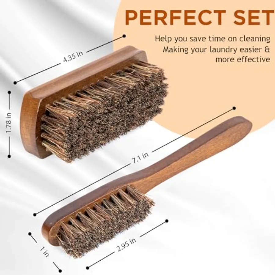 Horse Hair Laundry Brush Set of 2, Soft Natural Bristle Horsehair Stain and Scrub Brush for Clothes, Fabric and Upholstery, Gen