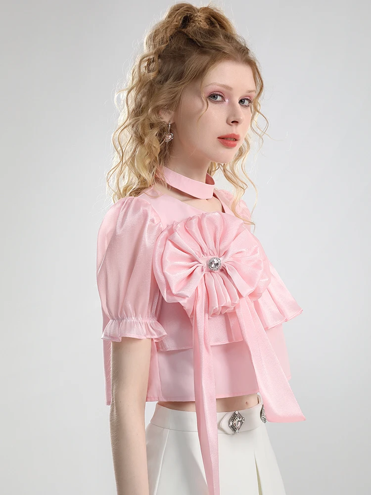 Sweet Design Sense Pink Shirt Summer Three-Dimensional Flower Hanging Collar Short Organza Stitching Women's Shirt Luxury Tops