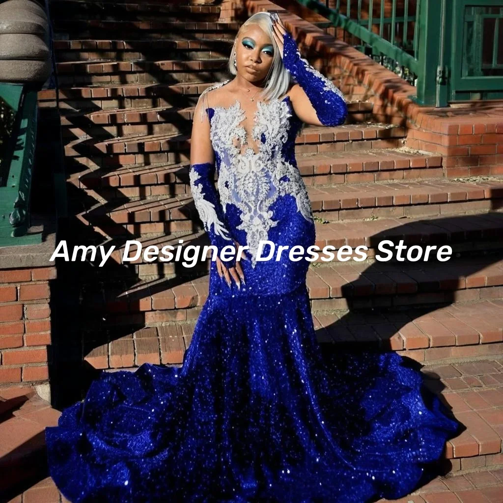 Sparkly Blue Sequin Mermaid Prom Dresses Black Girls Luxury 2025 Long O Neck Bead Crystal Rhinestones Evening Gowns Customized