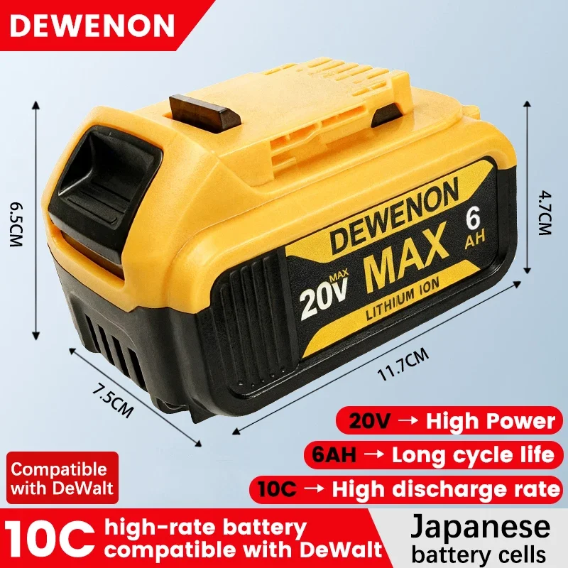 

Dewenon 20V 6AH Battery Rechargeable Lithium-ion Backup Battery for DeWalt Power Tools,DCB206,DCB182 DCB200 For DEWALT 20V