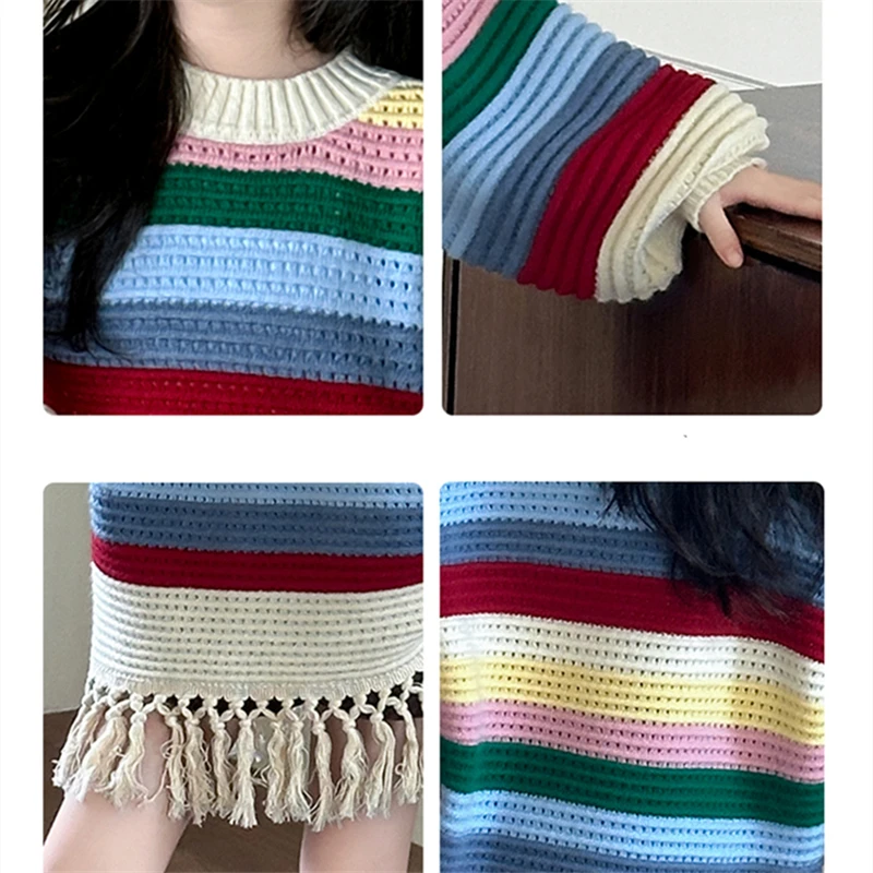 جديد الخريف الاطفال Y2K القوطية قوس قزح شريط سترة مع شرابة للمراهقات موضة الشارع البلوز كول الجوف خارج تريكو #6