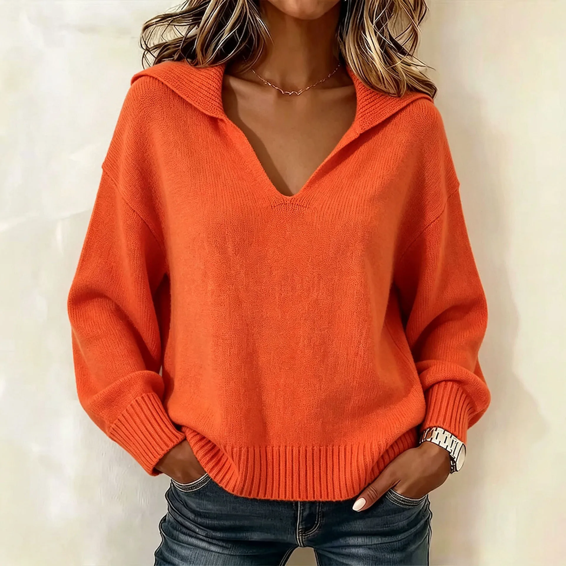 Women's V-Neck Long Sleeve Solid Knit Pullover Sweater Blouse Casual Fashion for Autumn and Winter Regular Length