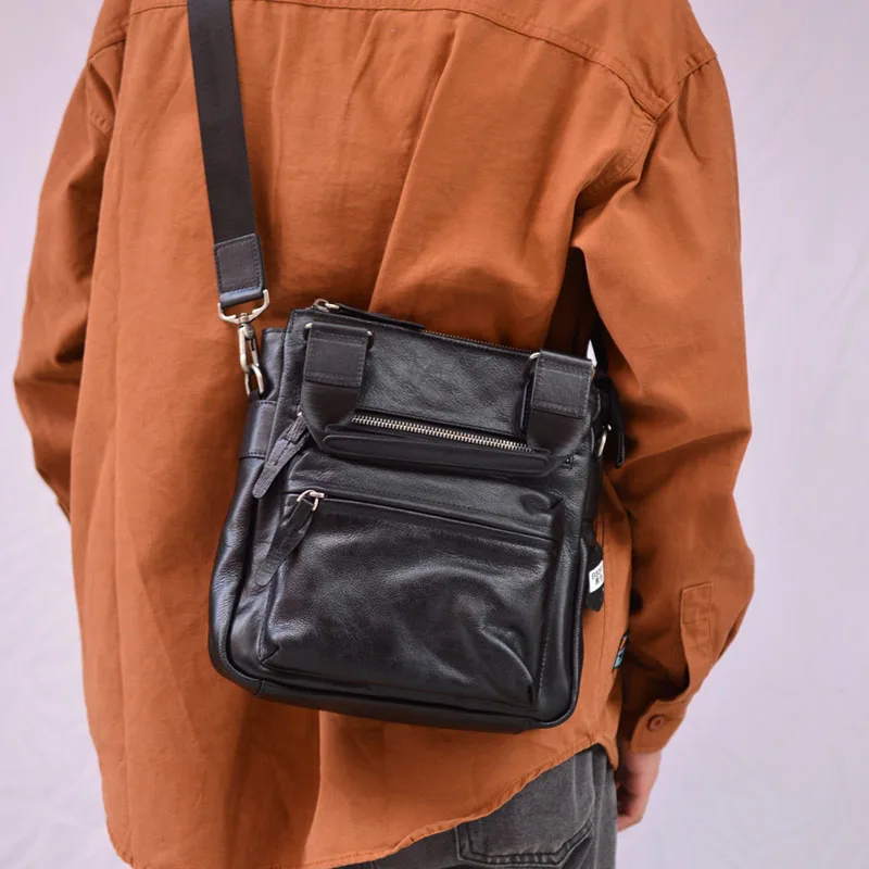 AETOO  Casual street trend casual leather crossbody bag vertical male bao-top layer cowhide shoulder bag portable storage bag