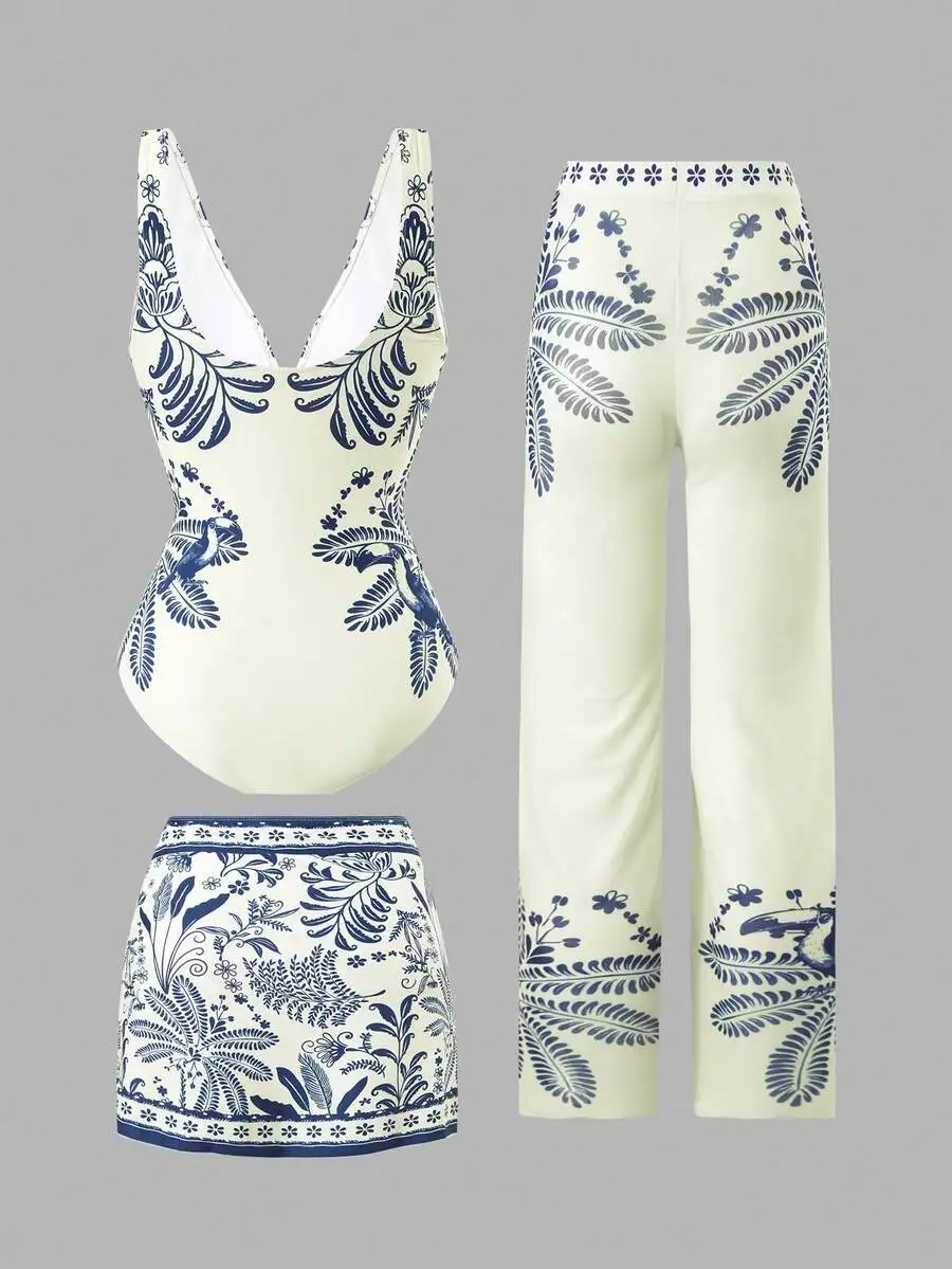 

3-Piece Knitted Floral And Animal Print Women Swimsuit Set With Shorts And Pants