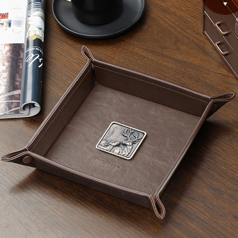 PU Leather Folding Dice Rolling Tray Collapsible Retro Doorway Porch Key Storage Pan Desktop Remote Control Storage Box