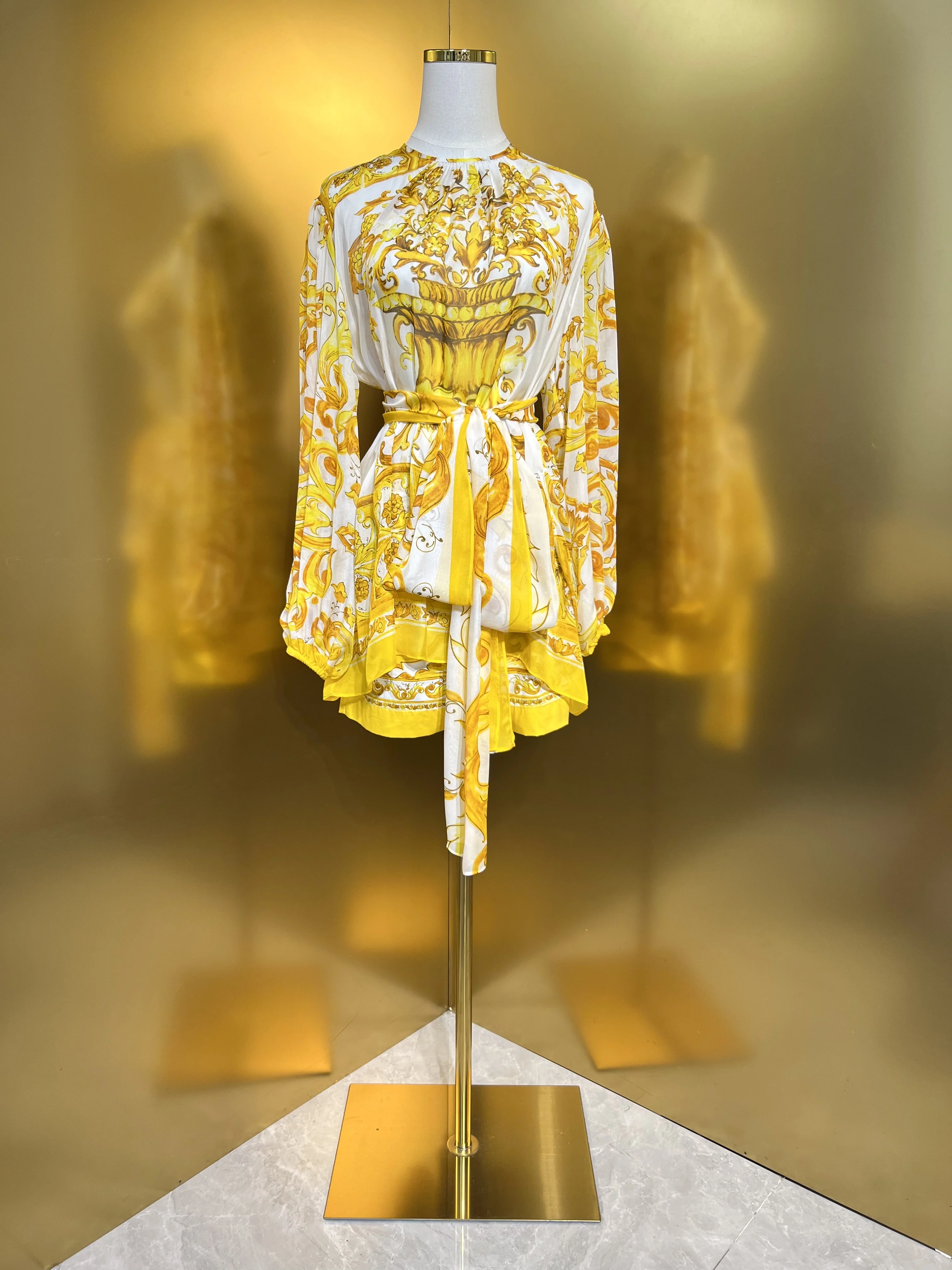 

100% Silk Chiffon Shirt 2024 Summer Boho style yellow porcelain Belt chiffon shirt