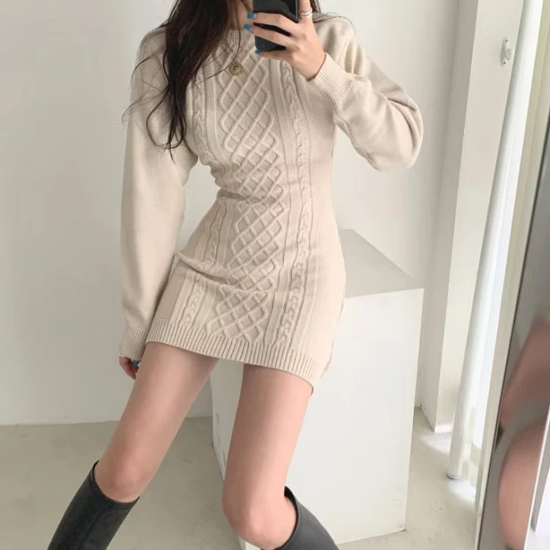 Korean Chic Knitting Dress Women Fall Winter Sexy Hollow Open Back O Neck Mini Dress Korean Y2K Fashion Slim Knitted Dresses