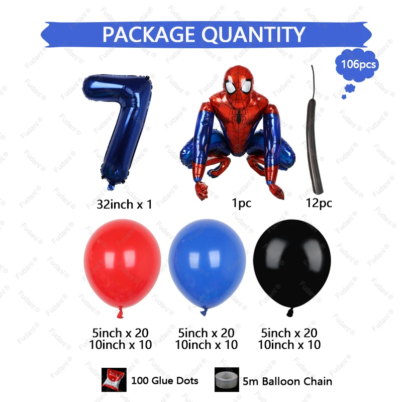 106 szt. Balony Disney Spiderman girlanda Arch Kit czerwone niebieskie lateksowe balony w wieku 1-9 lat urodziny dla dzieci ozdoby z motywem Air