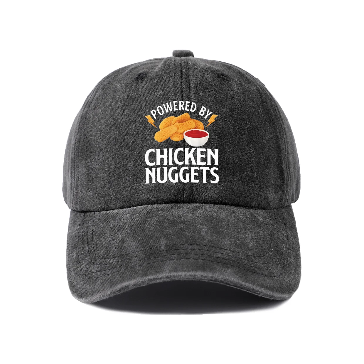 Powered By Chicken Nuggets Graphic Vintage Washed Baseball Cap, Adjustable Unisex Dad Hat, Casual Gift