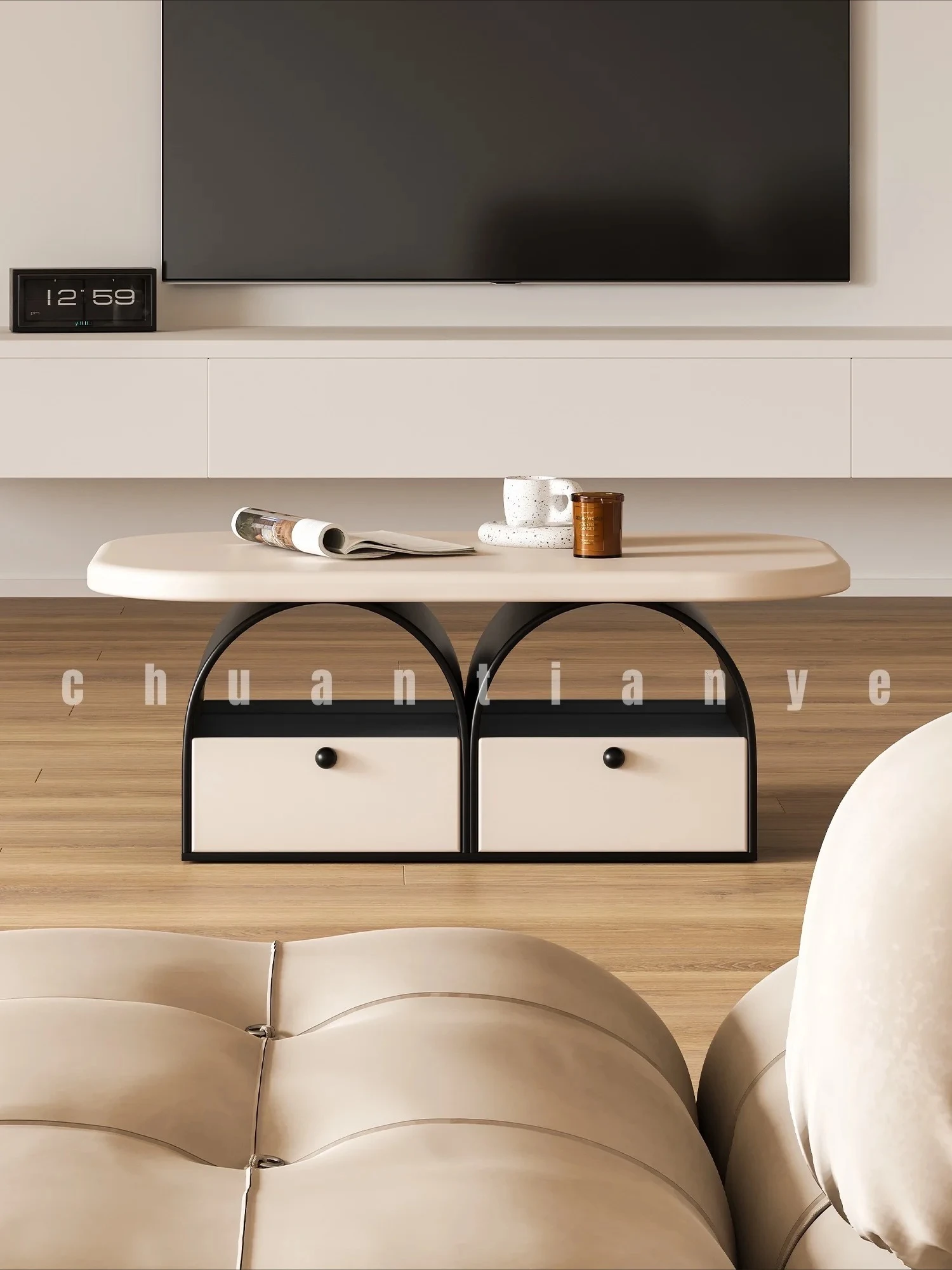 Cream wind light luxury round storage coffee table living room home modern French black and red creativity
