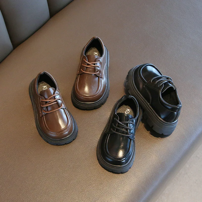 Boys Casual Shoes for Wedding Party Black Leather Shoes Fashion Classic Laces Thick Bottom Girls Loafers Kids School Shoes Soft