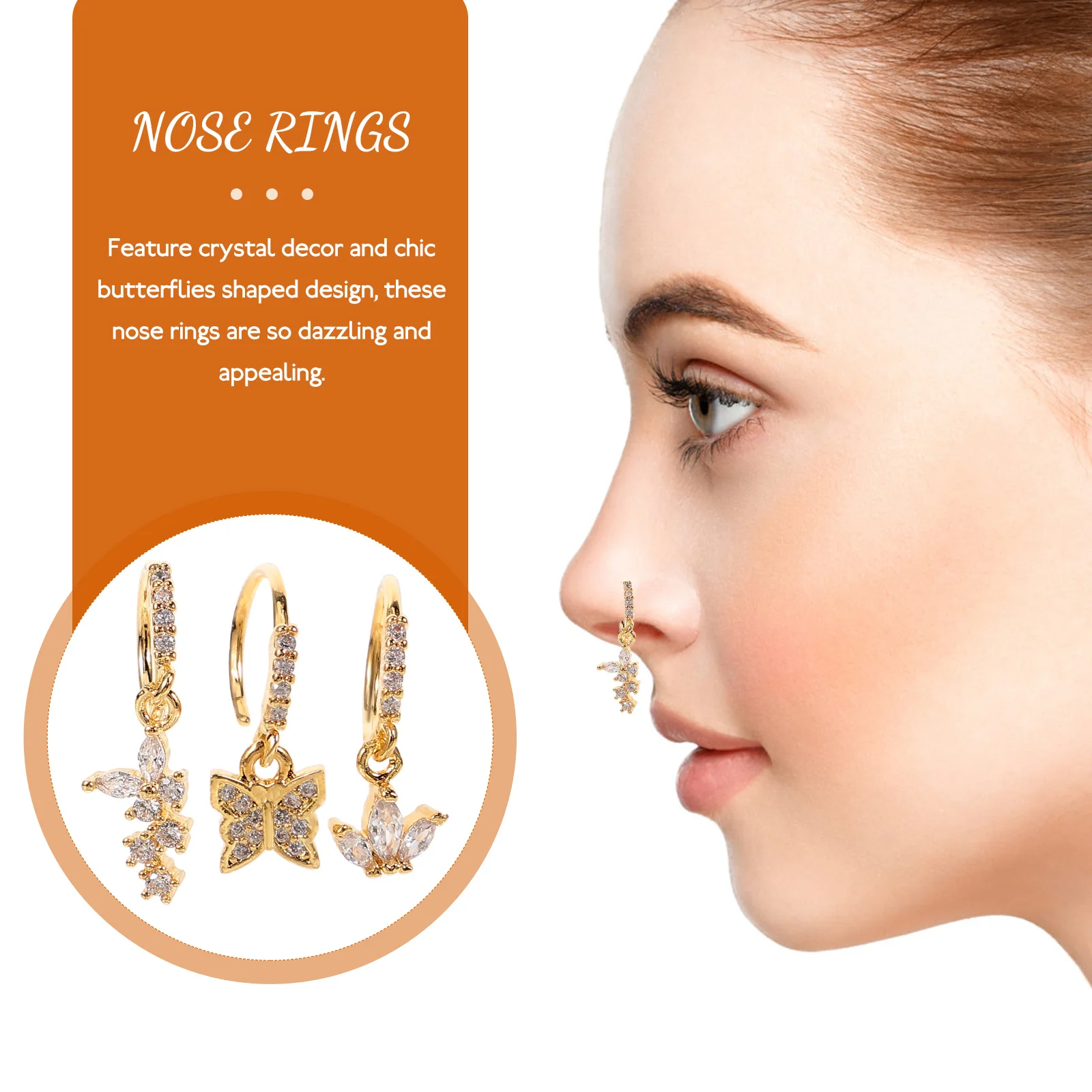 

3Pcs Stainless Steel Nose Rings Butterflies Design Crystal Decor Safe Dangle Piercing Jewelry for Dancing Stage Performances