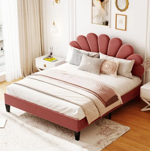 Red velvet cushioned thick-bottom bed with floral pattern headboard and bean paste, soft-style bedroom furniture storage