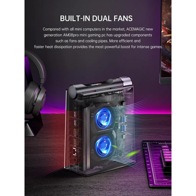 كمبيوتر ألعاب صغير S3A، Ryzen 9 6900HX، 16 جيجابايت DDR5 512 جيجابايت NVMe SSD، أجهزة كمبيوتر صغيرة مع أضواء AMD Radeon Graphics RGB