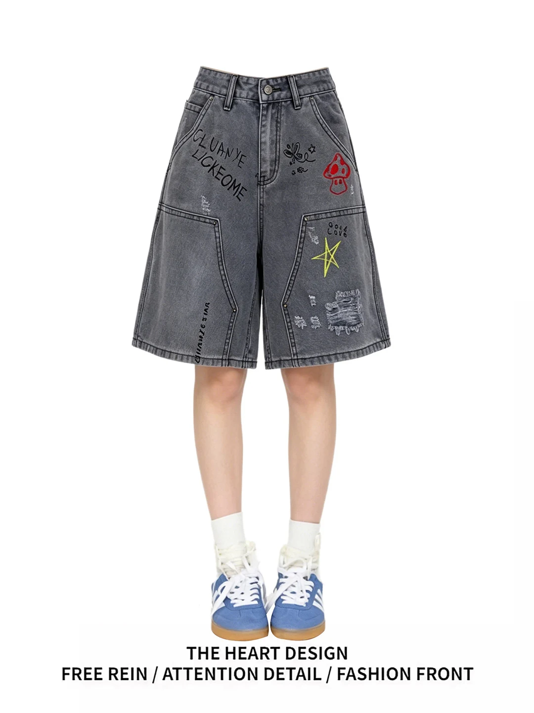 

Retro American Washed Embroidered Star Straight Leg Jeans Shorts Casual Loose Fit Five-Quarter Length Summer New Style Women'...