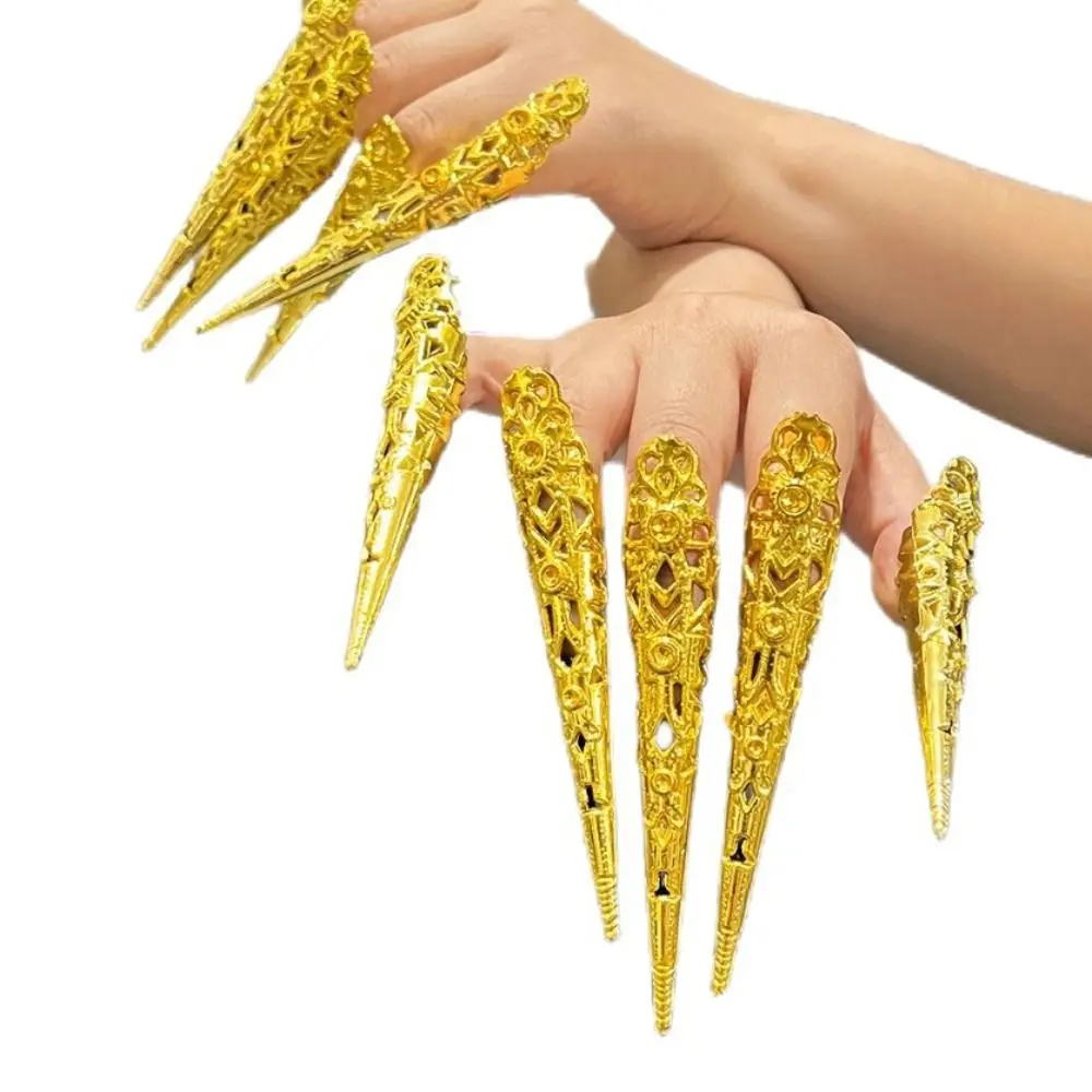 10PCS Adjustable Opening Claw Ring Antique Style Long Nails Fingertip Nail Ring Hollow Design Vintage Style Cosplay Jewelry
