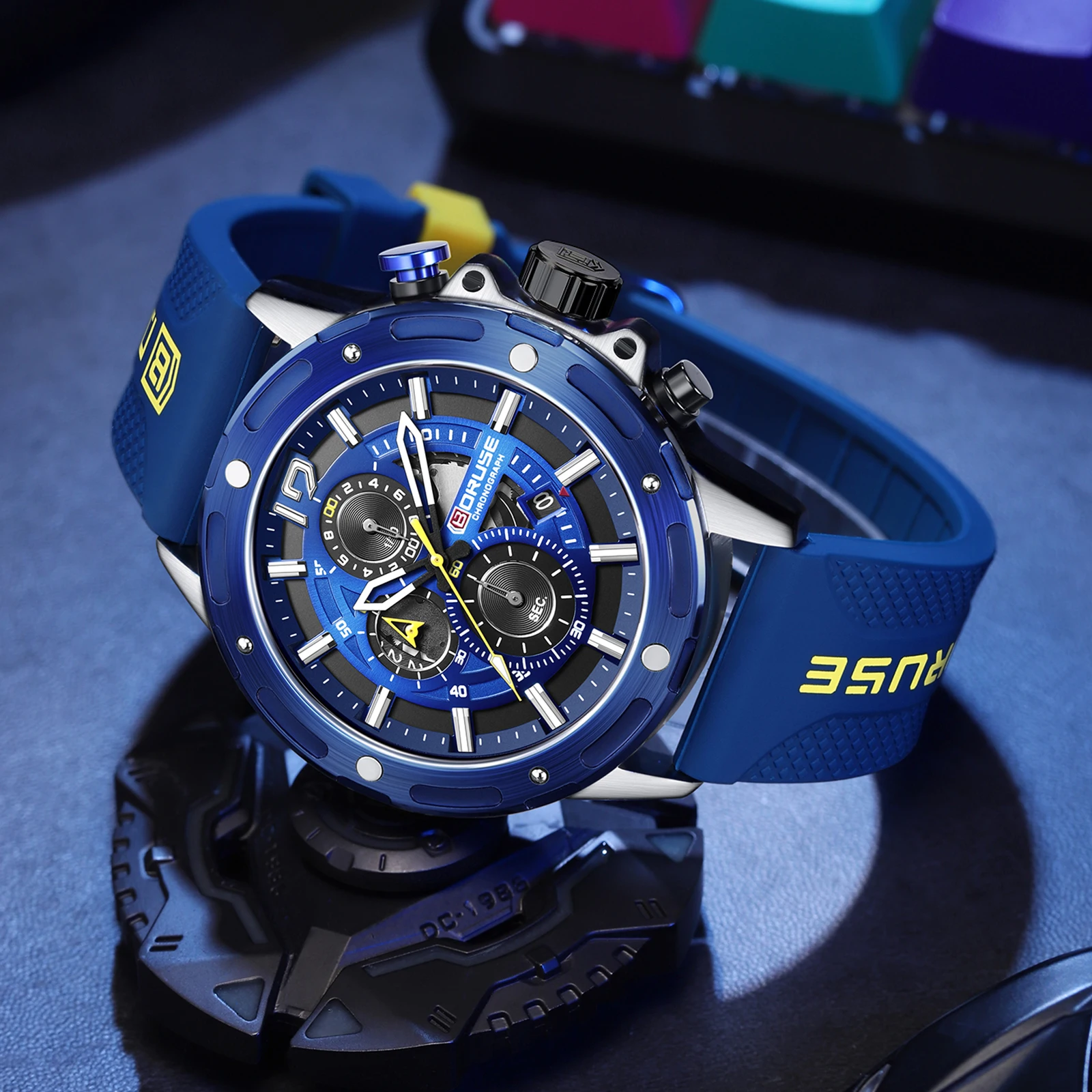 BORUSE Blue Watches for Men Chronograph Watches Male Silicone Quartz Wristwatch Sports Waterproof Luminous Watch