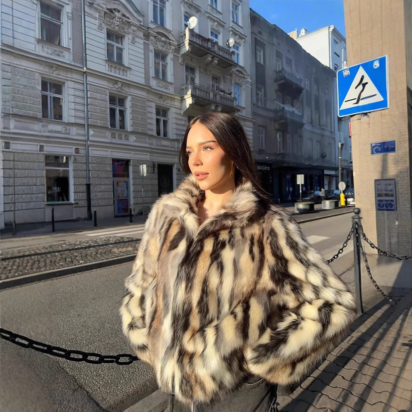 Faionable Kunstfell Jaet Damen Herbst Winter Bla White Spot Pattern Top Oberbekleidung Jugend Loose Fit Thiened