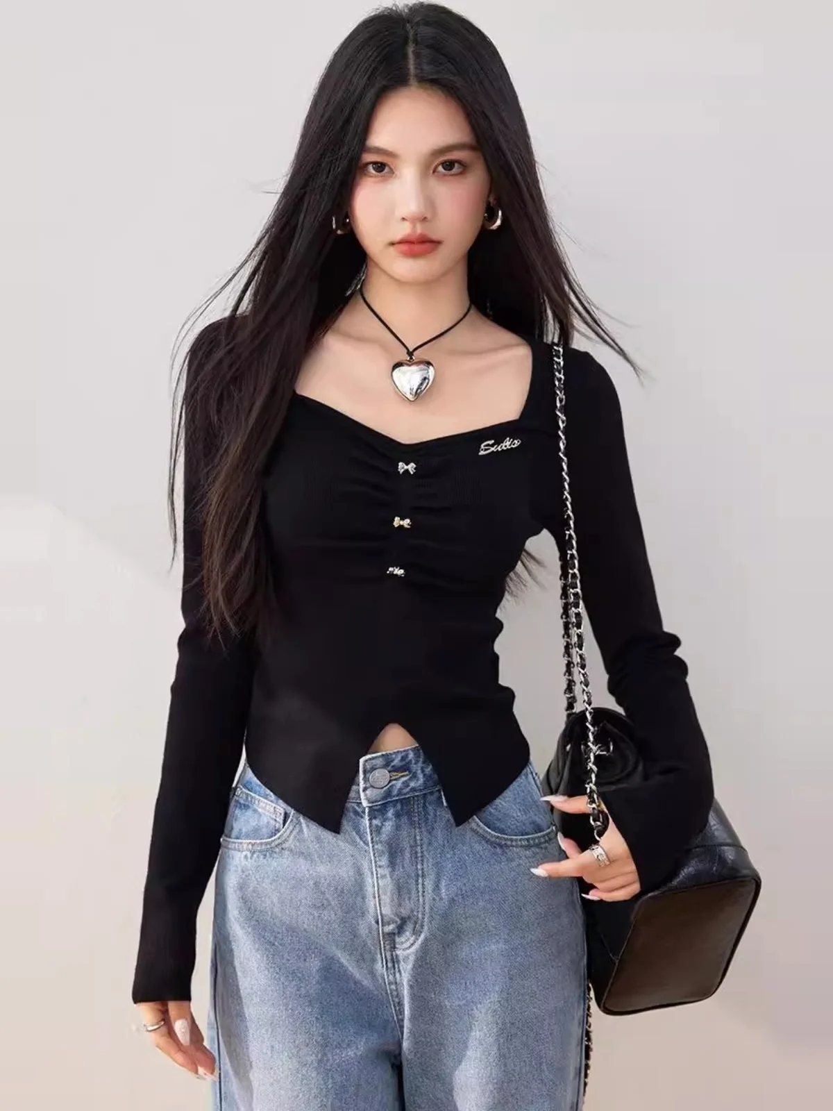 

Женский вязаный свитер с квадратным вырезом, приталенный, осенне-зимний, модный, элегантный, в стиле «Маленький аромат», топ