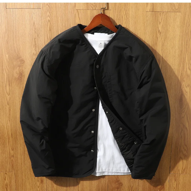 Winter Man Cargo Jacket Vintage Solid Color V-neck Male Down Coat Single-breasted Long Sleeve Windproof Warm Men Outerwear