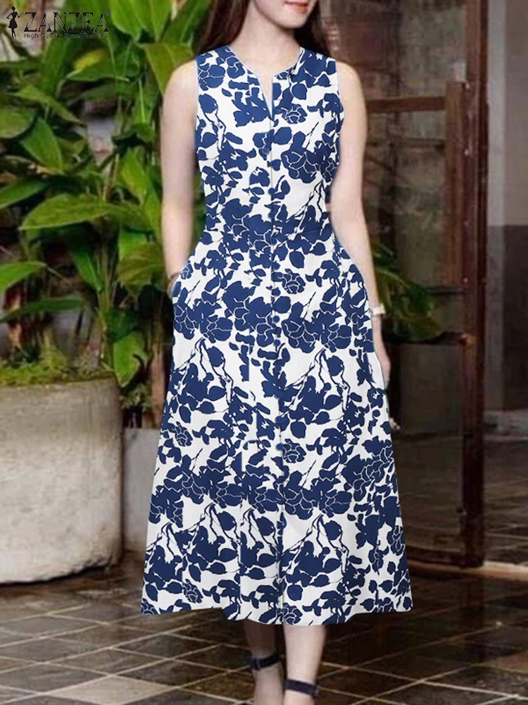 ZANZEA-Vestidos estampados florales para mujer, vestido elegante de verano con cuello de pico sin mangas para fiesta, vestido veraniego por debajo de la rodilla, Vestidos informales para vacaciones 2025
