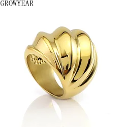 Trendy Stainless Steel Domed Ring Carved Wave Lines Wide Punk Finger Rings for Women Female Europe Jewelry