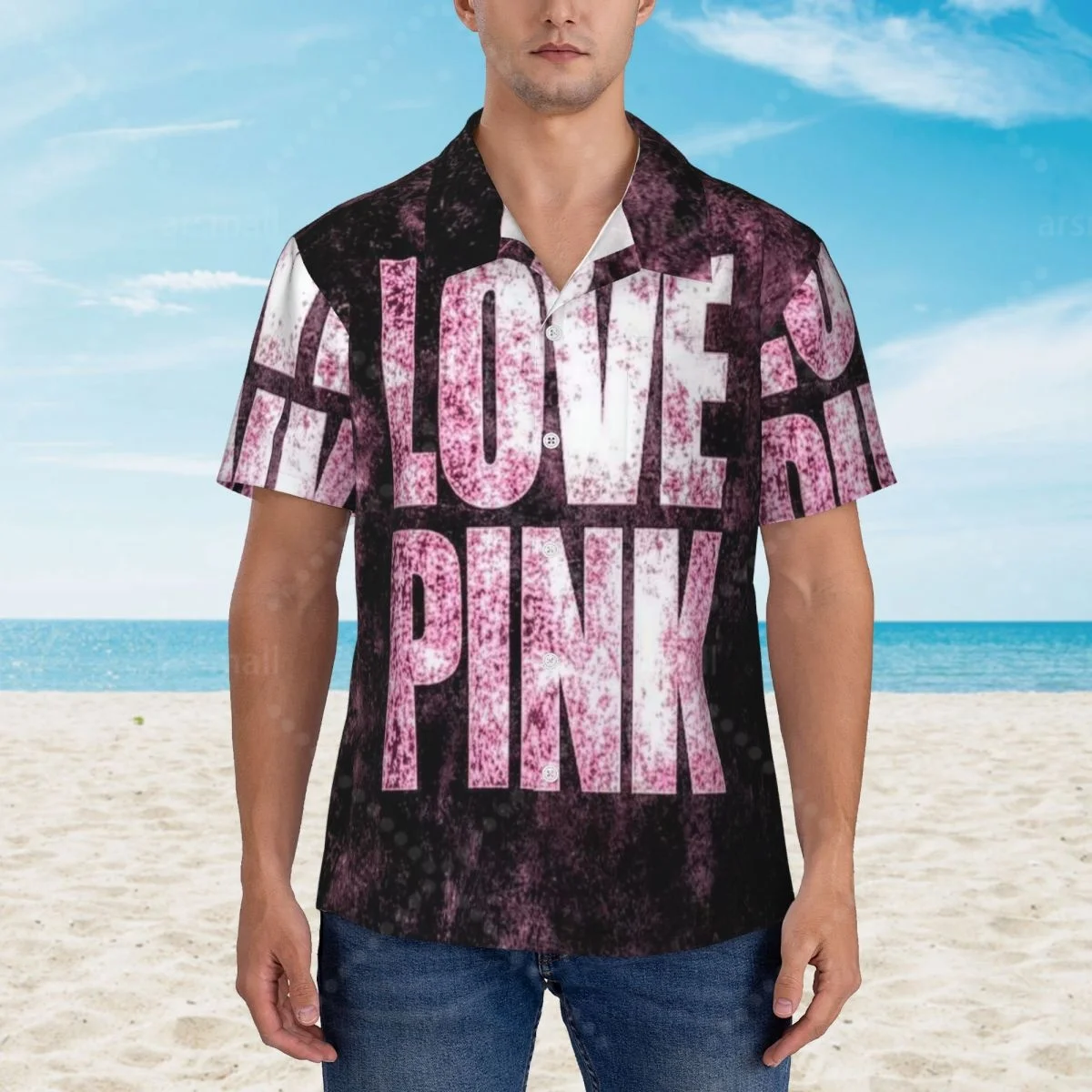 

Love Pink Hawaiian Shirt Men Short Sleeve Casual Floral Print Beach Shirt Summer Vacation Shirt