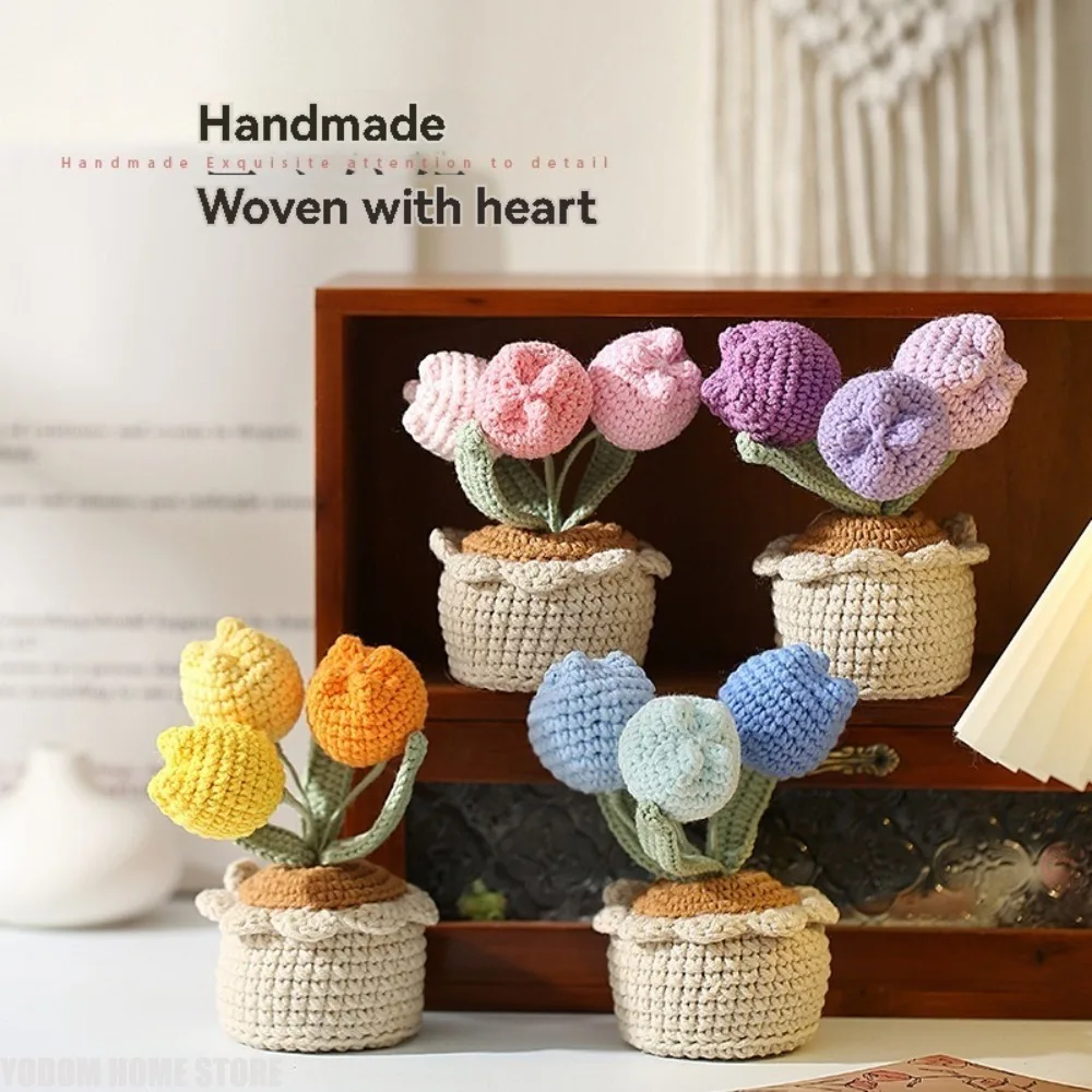 

Плетеные цветы с растениями в горшках, милые искусственные цветы ручной работы, пасхальное украшение 2026, декор для офисного стола и автомобиля