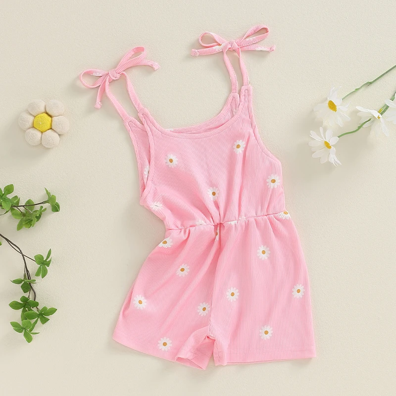 Toddler Girl Daisy Romper Overalls Summer Clothes Sleeveless Tie-Up Strap Ribbed Jumpsuit Shorts Sling Playsuit