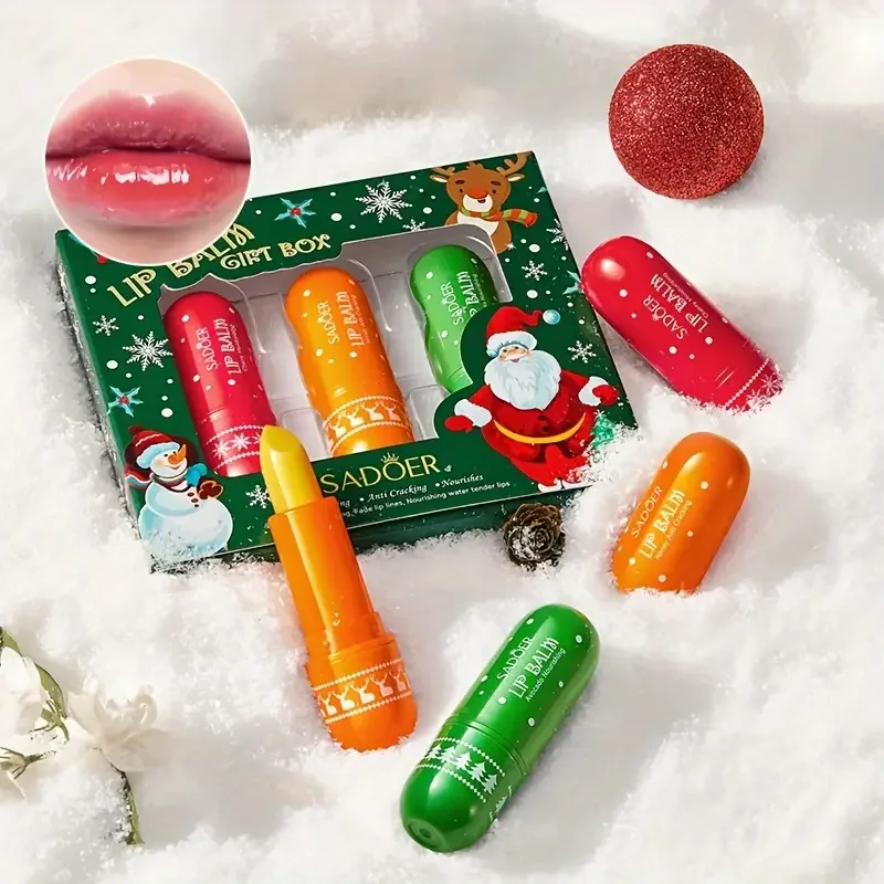 3pcs Christmas Lip Balm Gift Set Brightening Lip Balm Moisturizing Anti Cracking Hydrating Repair Nourishing Lipstick Skin Care