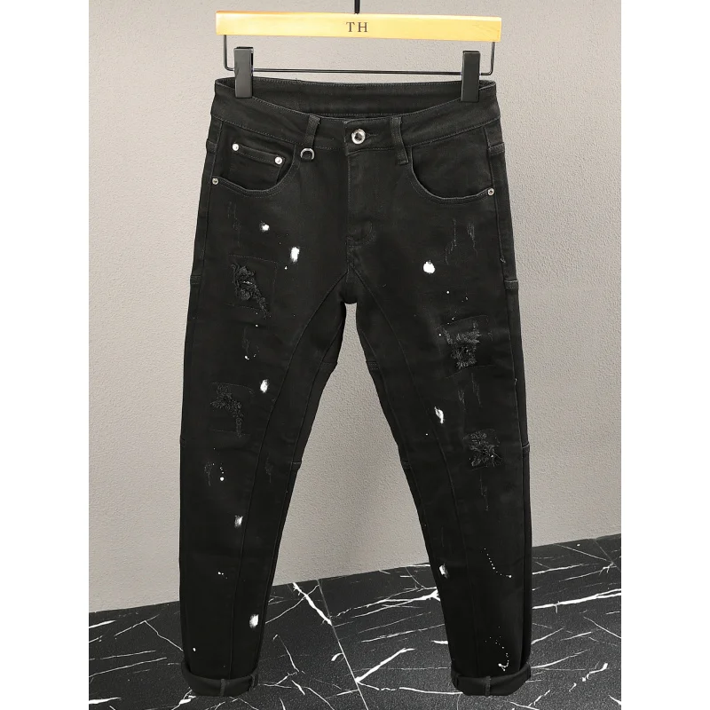 

Street fashion trend black jeans men,, small feet, handsome, scraped, spliced, ripped pants