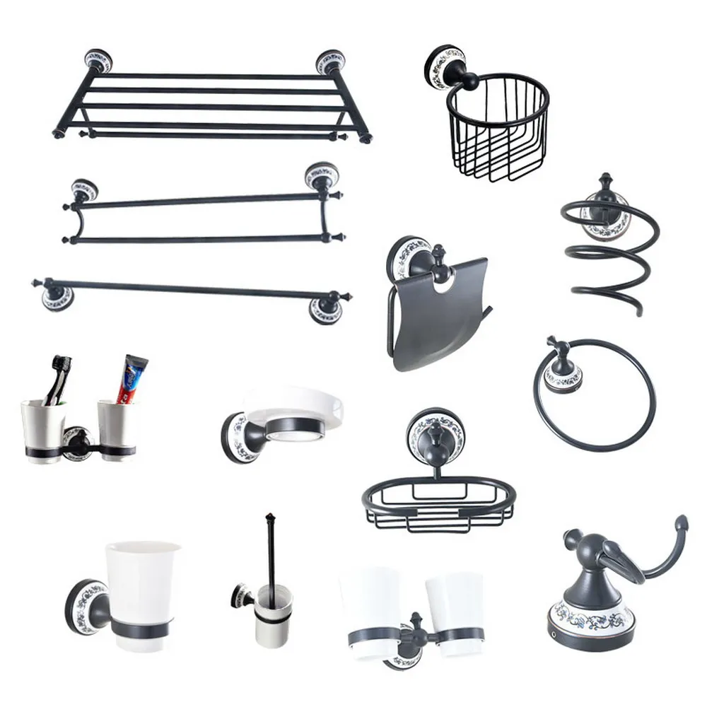 Black Brass Ceramic Flower Base Bathroom Accessories Set Bath Hardware Towel Bar Soap Dish Toilet Paper Holder Robe Hook mzh133