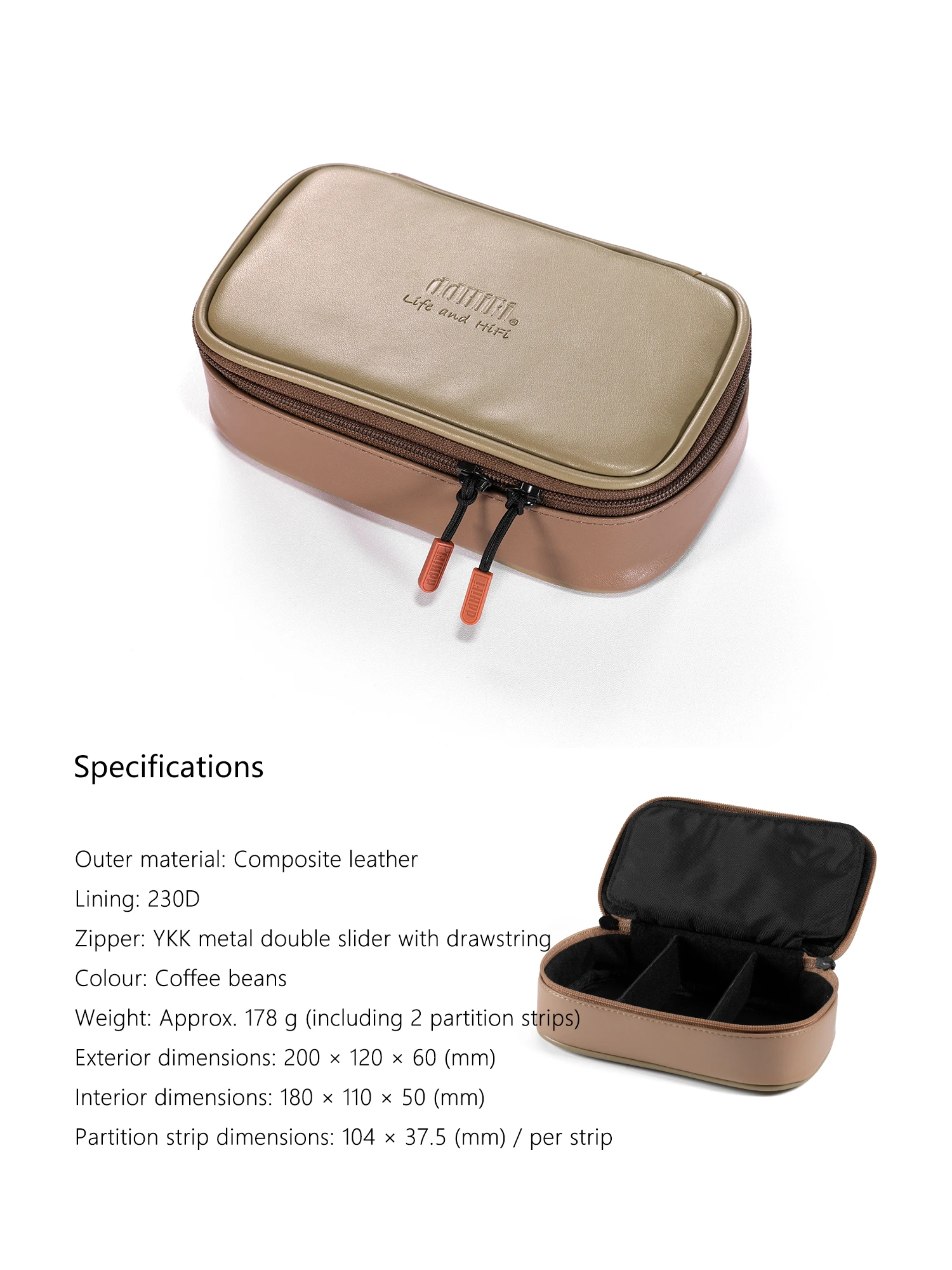 DD ddHiFi CZ180 Tragbarer HiFi-Aufbewahrungskoffer mit Verbundleder und individuellem YKK-Doppelschieber-Reißverschluss (Kaffeebohnenfarbe) – Detail 7